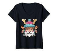 Femme Image drôle de l'esprit d'hiver du Père Noël Samouraï T-Shirt avec Col en V
