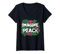 Femme Imagine Peace Floral Botanical Harmony Message T-Shirt avec Col en V