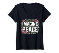 Femme Imagine Peace Floral Message Inspirational Art T-Shirt avec Col en V