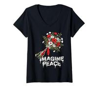 Femme Imagine Peace Flower Bouquet Statement T-Shirt avec Col en V