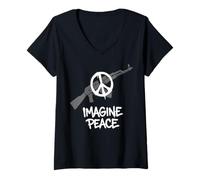 Femme Imagine Peace Symbol Ban Weapons T-Shirt avec Col en V