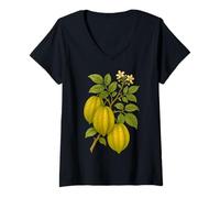 Femme Impression Artistique Vintage Botanical Starfruit Nature T-Shirt avec Col en V