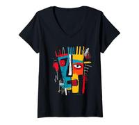 Femme Impression d'art Abstrait sur Le Visage | Portrait cubiste Moderne T-Shirt avec Col en V