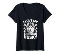 Femme Impression de Pattes I Love My Siberian Husky T-Shirt avec Col en V