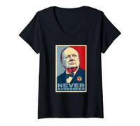 Femme Impression emblématique de Winston Churchill Never Surrender T-Shirt avec Col en V