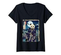Femme Impression Japonaise Samouraï Panda Fuji Ukiyo-e Art Design T-Shirt avec Col en V