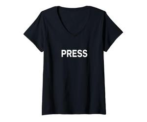 Femme Impression Journaliste sur Le Devant - Inscription Press T-Shirt avec Col en V