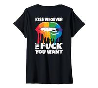 Femme Impression Kiss Whoever The Fuck You Want LGBTQIA+ Arc-en-Ciel T-Shirt avec Col en V
