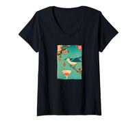 Femme Impression sur Bois Japonais Ukiyo-e Oiseau Cerise Cocktail Art Print T-Shirt avec Col en V