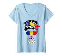 Femme Imprimé Drapeau roumain avec Inscription « Mom Girl Sister Aunt » T-Shirt avec Col en V