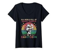 Femme in A World Full of Daddy Sharks Be A Daddycorn Unicorn Dad T-Shirt avec Col en V