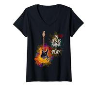 Femme in Jesus Name I Play Guitar Christian Guitarists God Faith T-Shirt avec Col en V