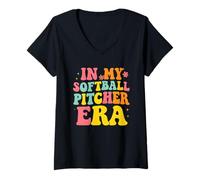 Femme in My Softball Pitcher Era Groovy Fastpitch Softball Gamer T-Shirt avec Col en V