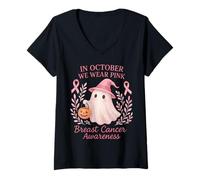 Femme in October We Wear Pink Breast Cancer Ghost Halloween T-Shirt avec Col en V