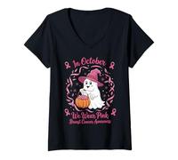 Femme in October We Wear Pink Breast Cancer Ghost Halloween T-Shirt avec Col en V