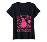 Femme in October We Wear Pink Breast Cancer Ghost Halloween T-Shirt avec Col en V