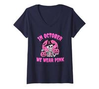 Femme in October We Wear Pink Breast Cancer Skeleton Halloween T-Shirt avec Col en V