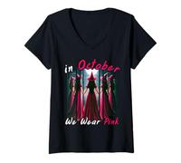 Femme in October We Wear Pink Witch Halloween Breast Cancer T-Shirt avec Col en V