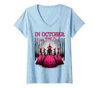 Femme in October We Wear Pink Witch Halloween Seast Cancer Women T-Shirt avec Col en V