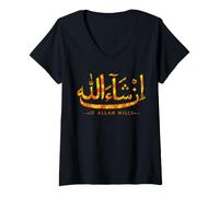 Femme in Sha Allah If Allah Wills Coran Islam Calligraphie Musulman T-Shirt avec Col en V