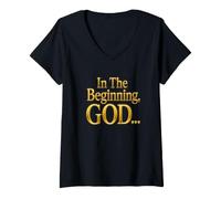Femme in The Beginning God... Genesis 1:1 Christian Bible Verse T-Shirt avec Col en V
