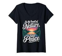 Femme « in The Heart of Nature Find Peace » Sunset Lake Adventure T-Shirt avec Col en V