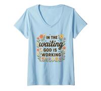 Femme in The Waiting God is Working Floral Christian T-Shirt avec Col en V