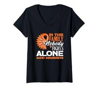 Femme in This Family Nobody Fights Alone TDAH Sensibilisation Tournesol T-Shirt avec Col en V