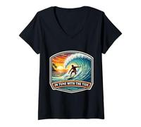 Femme in Tune with The Tide Planche de Surf Vintage avec Citation T-Shirt avec Col en V