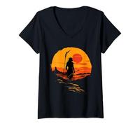 Femme Indian Chief Coiffe plumes Amérindiennes Coucher de soleil T-Shirt avec Col en V