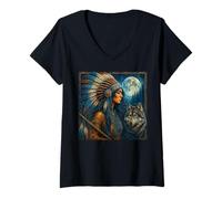 Femme Indien amérindien Femme avec Loup Blanc Vintage Cadeaux T-Shirt avec Col en V