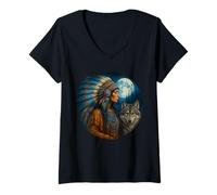 Femme Indien amérindien Femme avec Loup Blanc Vintage Cadeaux T-Shirt avec Col en V