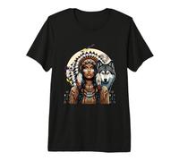 Femme Indienne amérindienne avec Totem de Loup Blanc T-Shirt Haut de Gamme