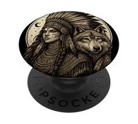 Femme Indienne amérindienne avec Vitage de Loup Blanc PopSockets PopGrip Adhésif