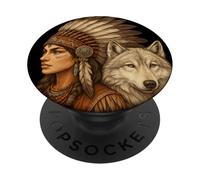 Femme Indienne amérindienne avec Vitage de Loup Blanc PopSockets PopGrip Adhésif
