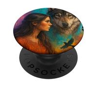 Femme Indienne amérindienne avec Vitage de Loup Blanc PopSockets PopGrip Adhésif