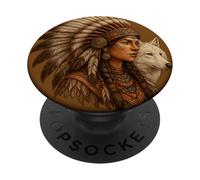 Femme Indienne amérindienne avec Vitage de Loup Blanc PopSockets PopGrip Adhésif