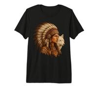 Femme Indienne amérindienne avec Vitage de Loup Blanc T-Shirt Haut de Gamme