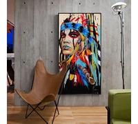 Femme indienne colorée fille avec plume peinture sur toile affiches imprime tableau d'art mural pour décoration murale de salon 70x140 cm (28x55in) avec cadre