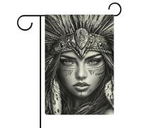 Femme indigène avec plumes Coiffe Drapeau de jardin Vacances saisonnières Toile de jute Double face Maison Cour Drapeaux Extérieur 30,5 x 45,7 cm
