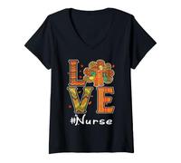 Femme Infirmière Amour Thanksgiving Léopard Turquie Automne T-Shirt avec Col en V
