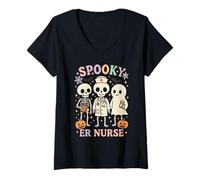 Femme Infirmière effrayante des urgences d'Halloween squelette fantôme personnel médical RN T-Shirt avec Col en V