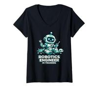 Femme Ingénieur robotique en Formation de Robot Mignon T-Shirt avec Col en V