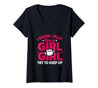 Femme Inscription Amusante : « Know Play Like Girl Try Keep Up » T-Shirt avec Col en V