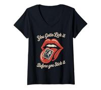 Femme Inscription Amusante « Lick It Before You Stick It » - Blague pour Homme et Femme T-Shirt avec Col en V