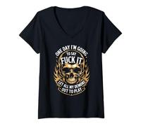 Femme Inscription Amusante « One Day I Say Forget It Let Demons Out Father » T-Shirt avec Col en V