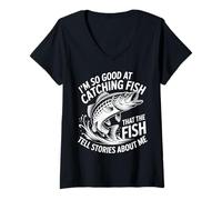 Femme Inscription Amusante pour pêcheurs T-Shirt avec Col en V