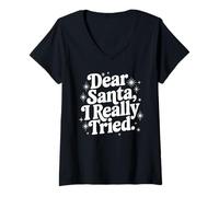 Femme Inscription « Dear Santa I Really Tried Naughty Christmas » T-Shirt avec Col en V
