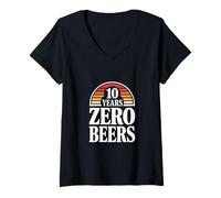 Femme Inscription Humoristique « 10 Years Zero Beers Sober Anniversary » T-Shirt avec Col en V