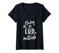 Femme Inscription Humoristique « Baby It's Cold Outside » pour Noël T-Shirt avec Col en V